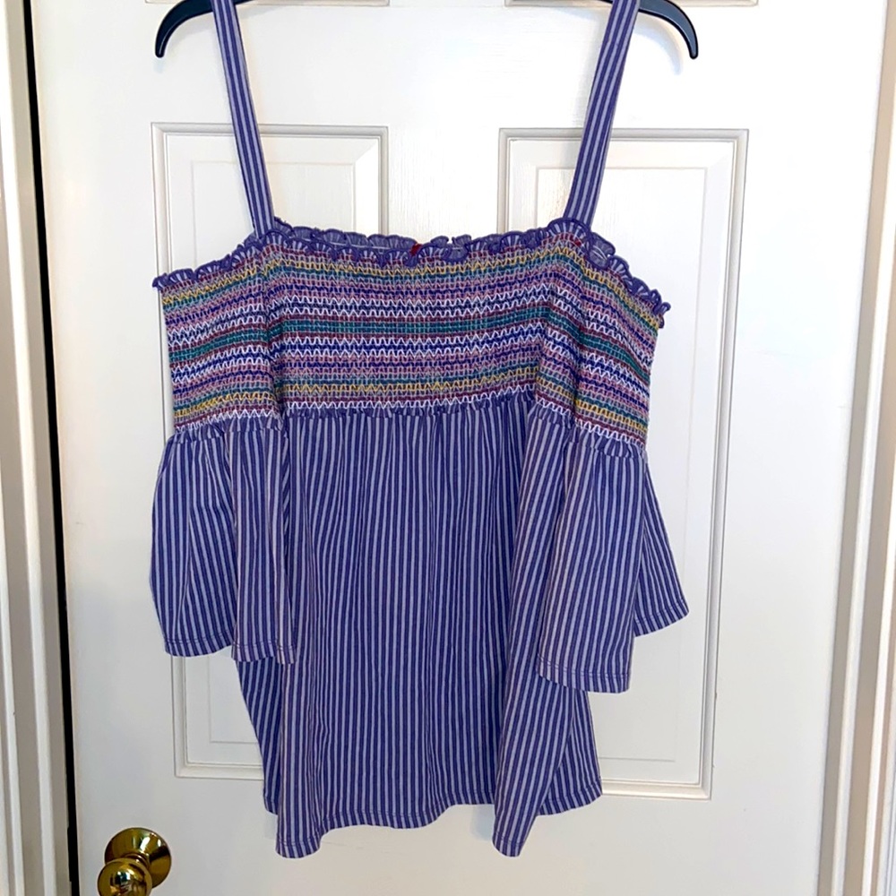 Love Scarlet OTS Blue & White Stripe Top with Bell Short Sleeve